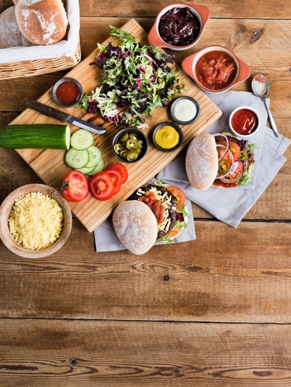 Food laid out on wooden table